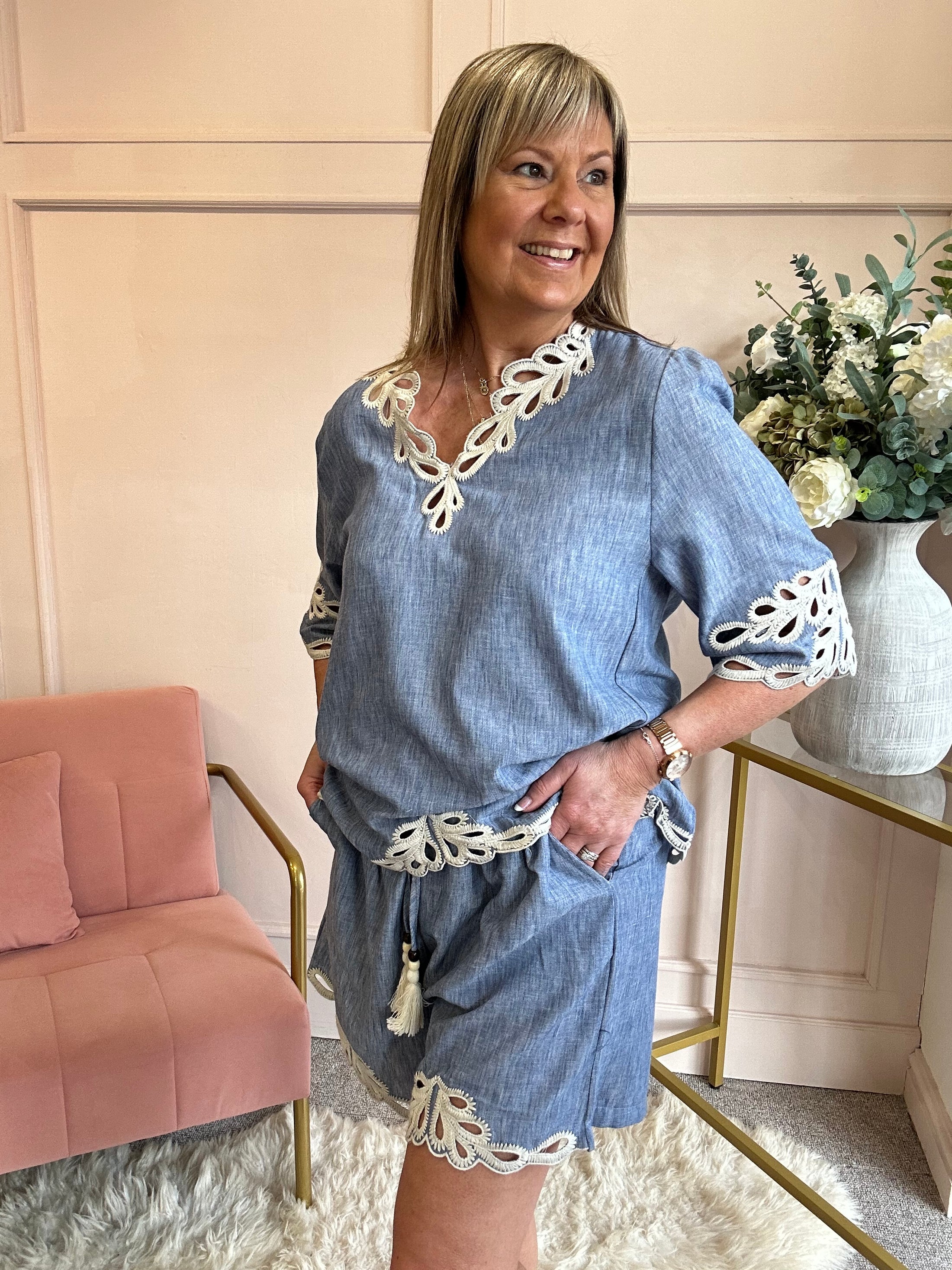 Embroidered Edged Top & Short Set - Blue - Wardrobe By Simone