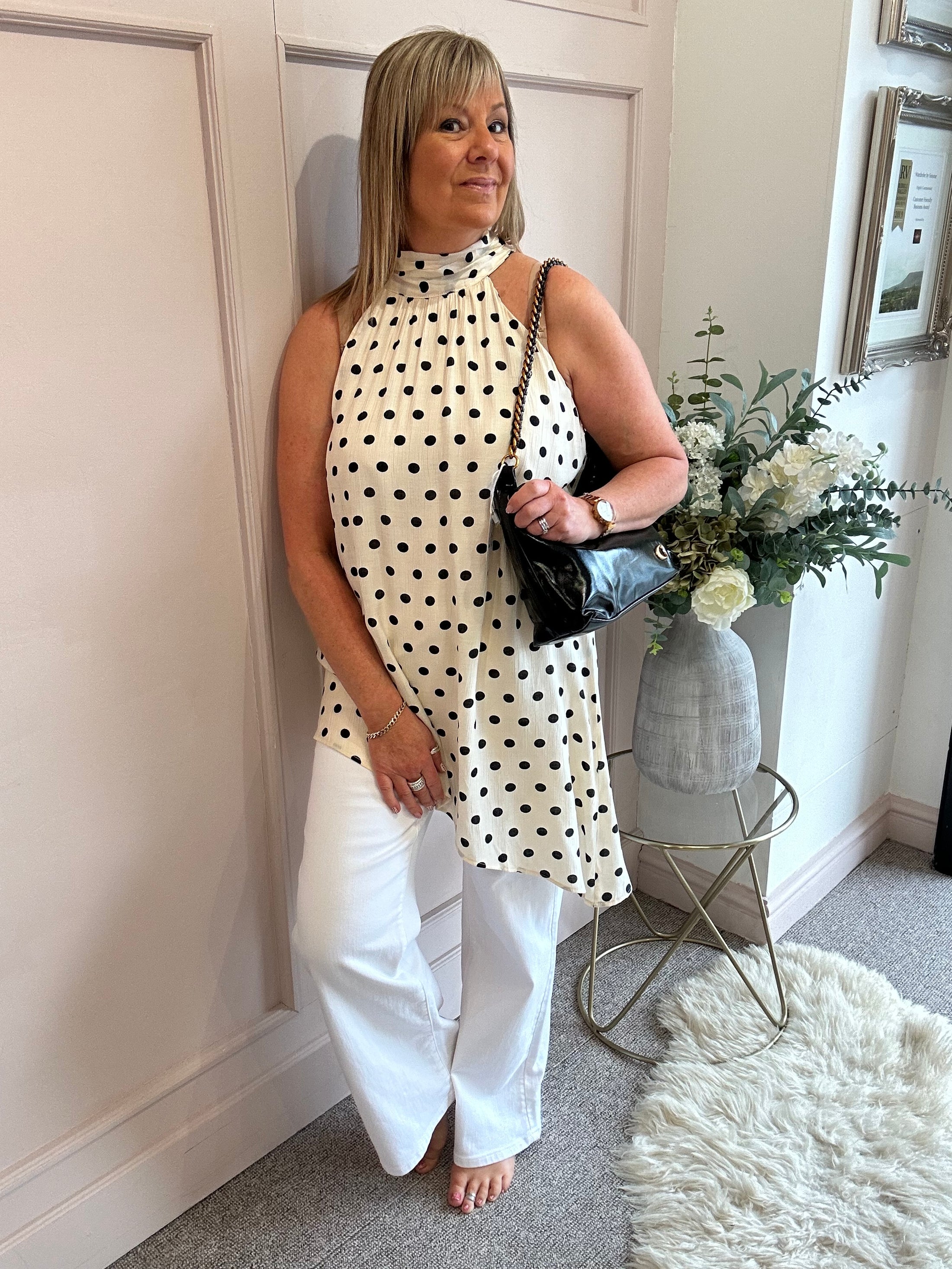 Polka Dot Halter Neck Top - Cream/Black - Wardrobe By Simone