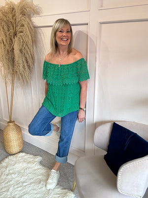 Bardot Lace Effect Top  - Emerald Green