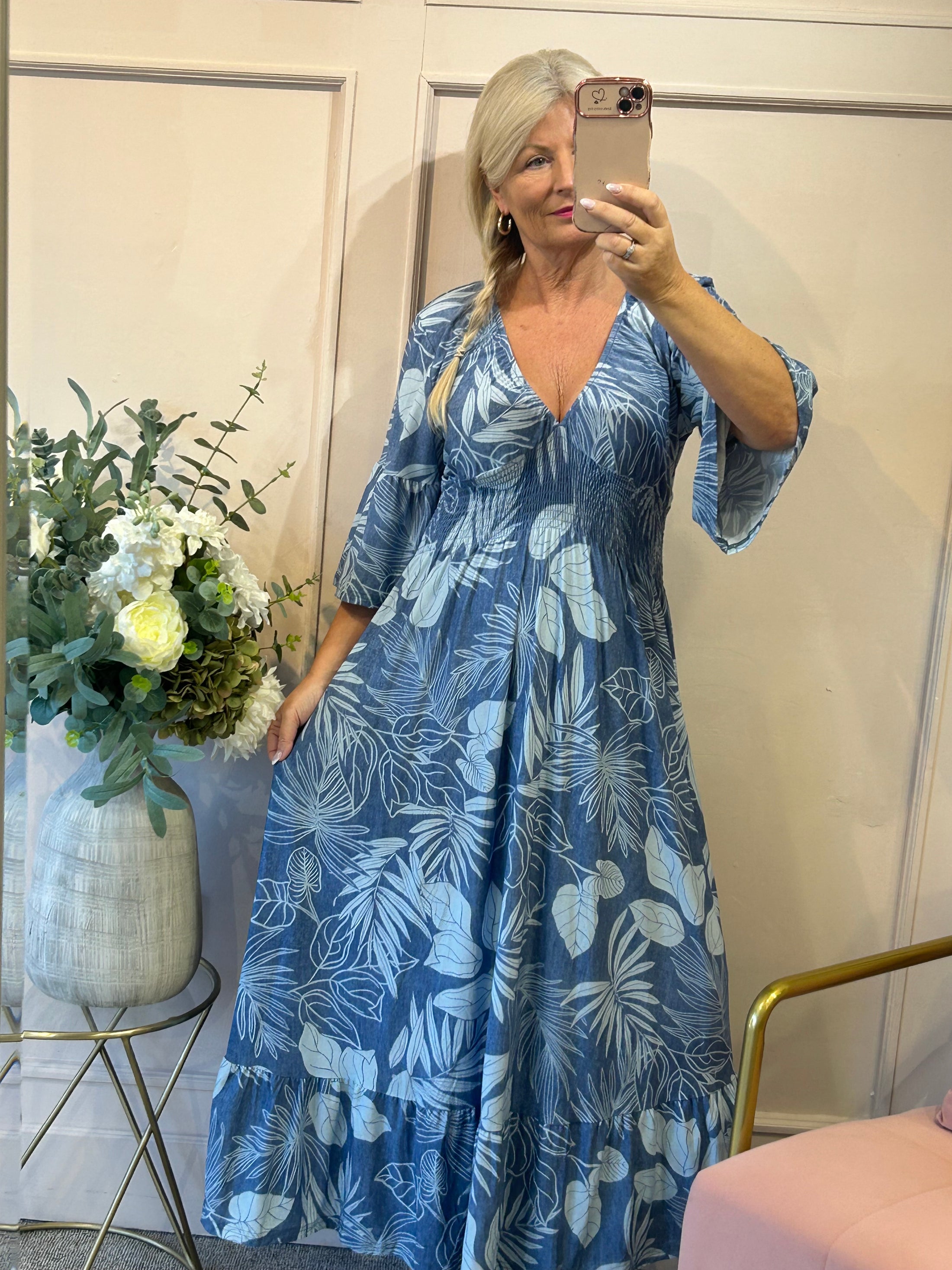 Maxi V Neckline Dress  - Blue/White