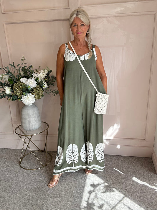 Palm Leaf Jumpsuit - Khaki/Cream - Wardrobe By Simone