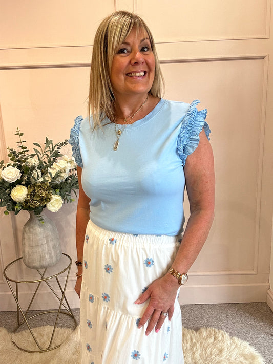 Frill Sleeve T-Shirt - Blue One size