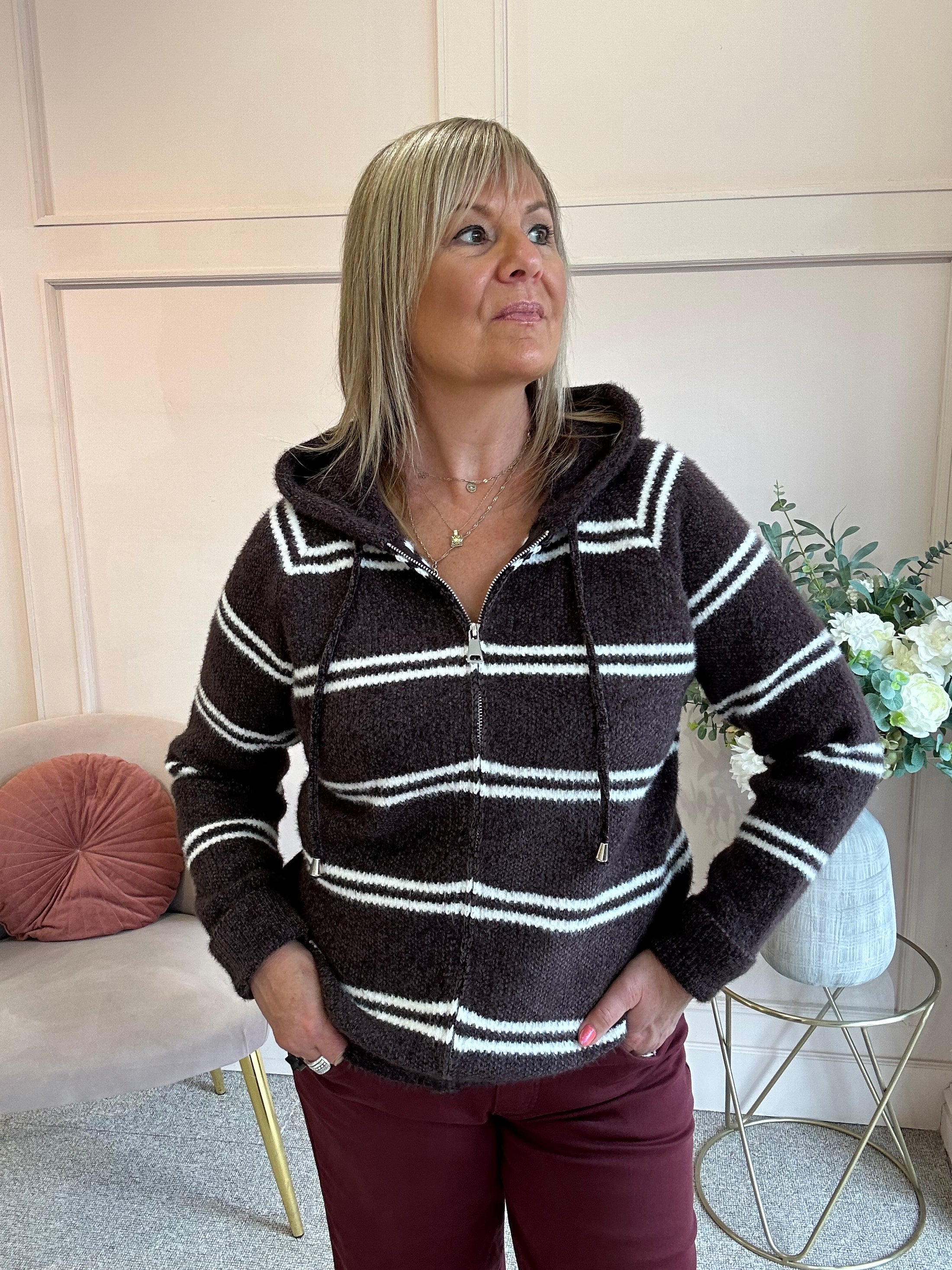 Hoody Striped Zip Cardigan- Brown/Cream