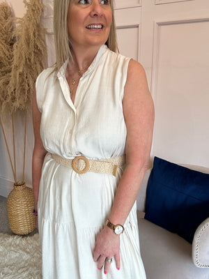Mandarin Collar Sleeveless Midi Dress - Cream