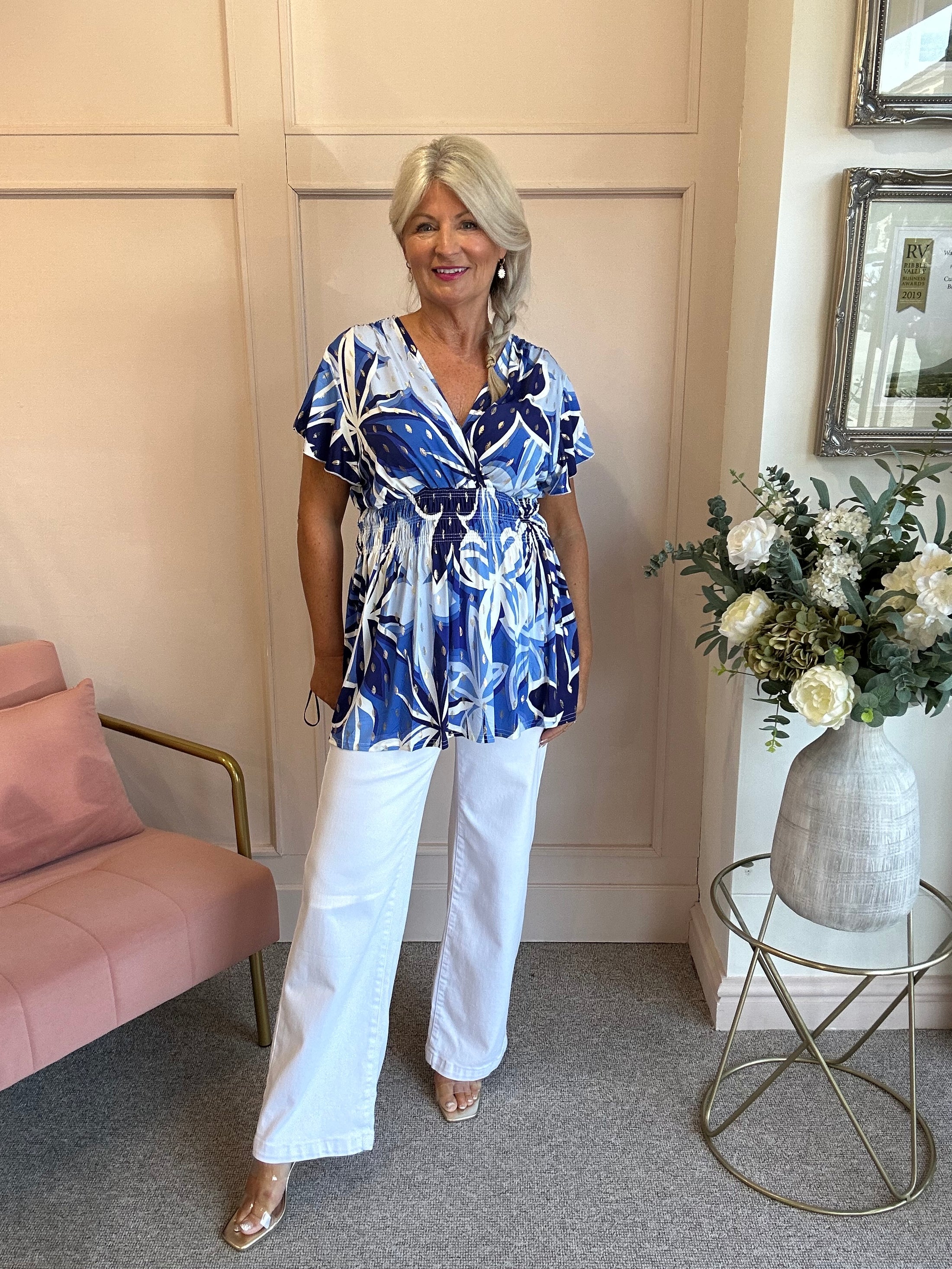Slinky Cross Over Long Top  - Blue/White - Wardrobe By Simone