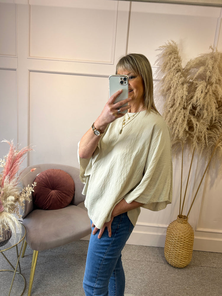 Loose Fitting Mid Sleeve Top - Beige - Wardrobe By Simone