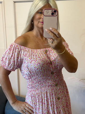 Ditsy Flowers Maxi Dress - Pink/White