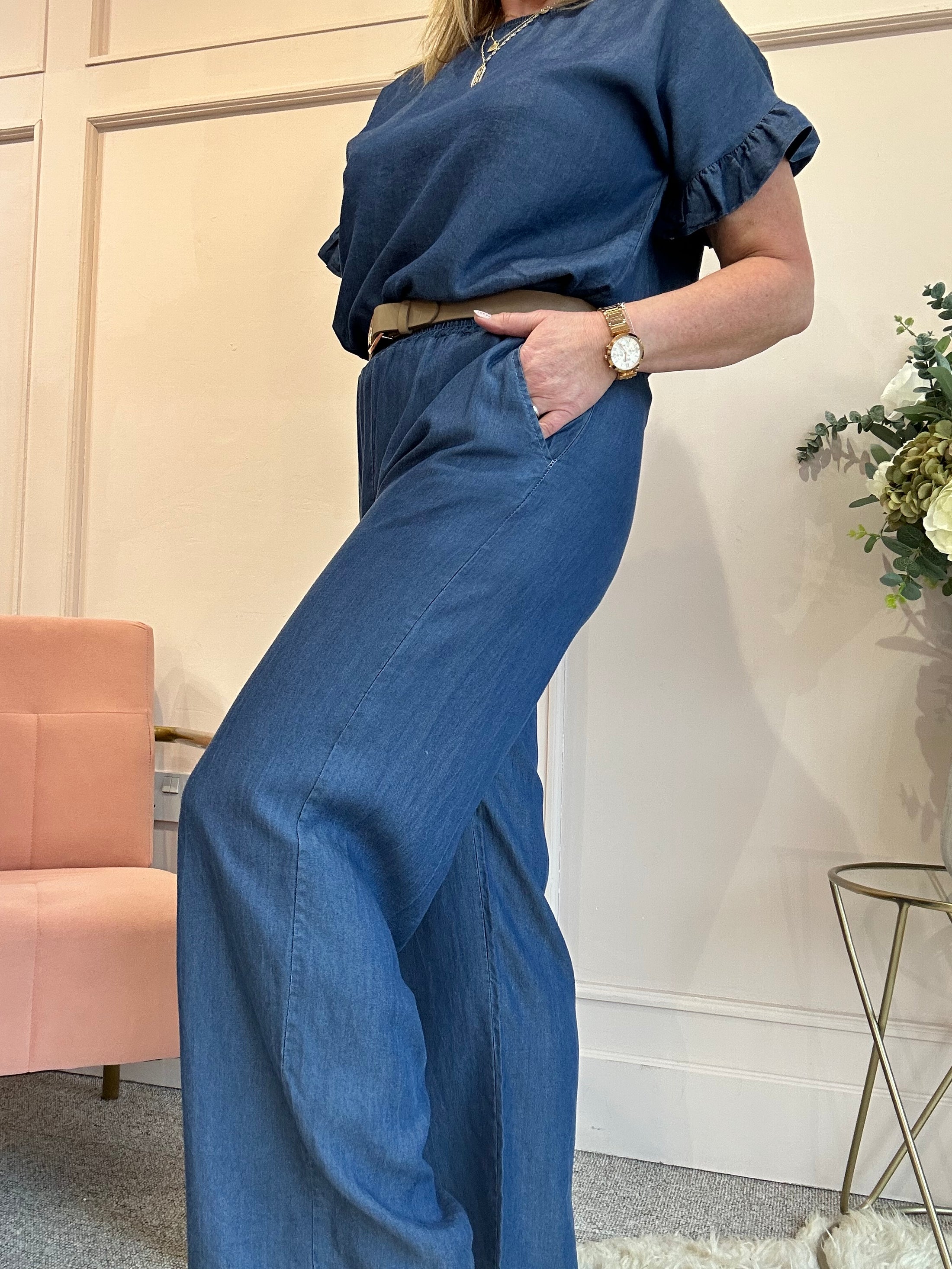 Wide Leg Pant - Mid Blue - Wardrobe By Simone