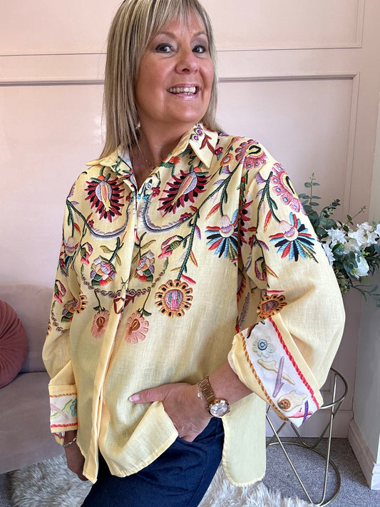 Cascading Floral Print Shirt  - Yellow/MIx - Wardrobe By Simone