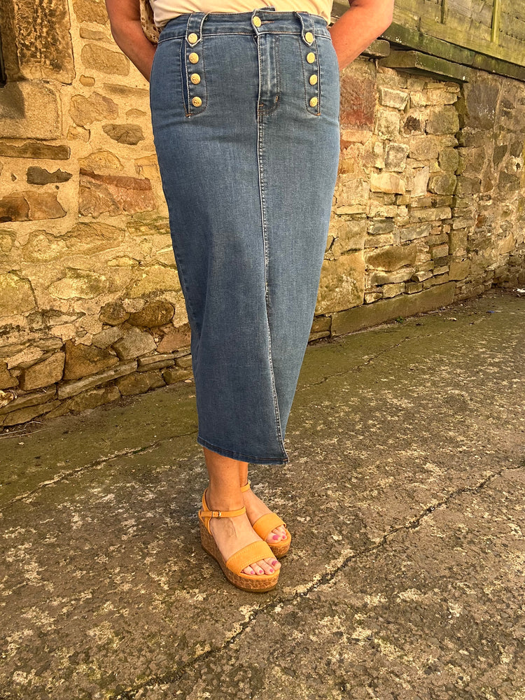 Button Detail Denim Skirt - Blue Denim