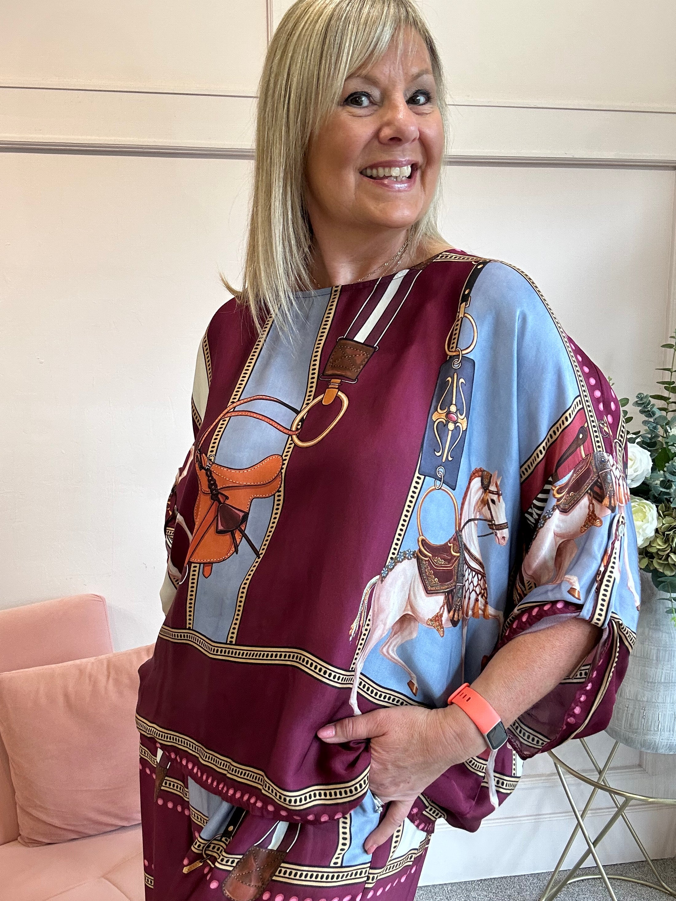 Horse & Bridle Silk Top - Burgundy/Blue - Wardrobe By Simone