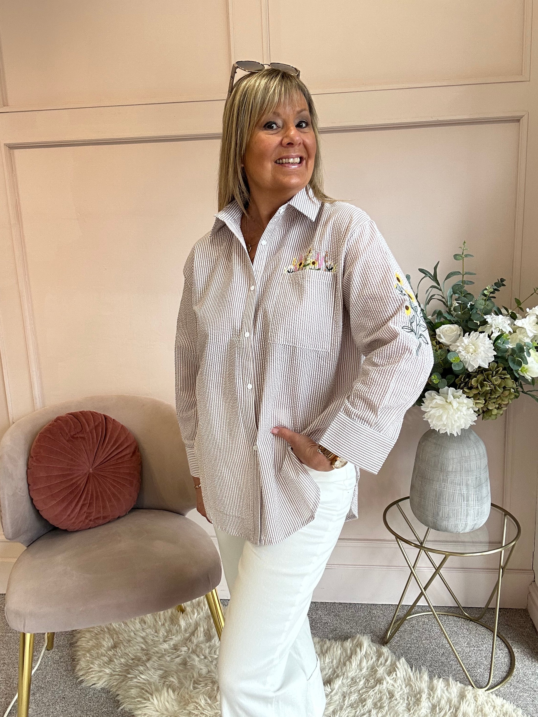 Sunflower Embroidered Detail Shirt  - Beige/White - Wardrobe By Simone