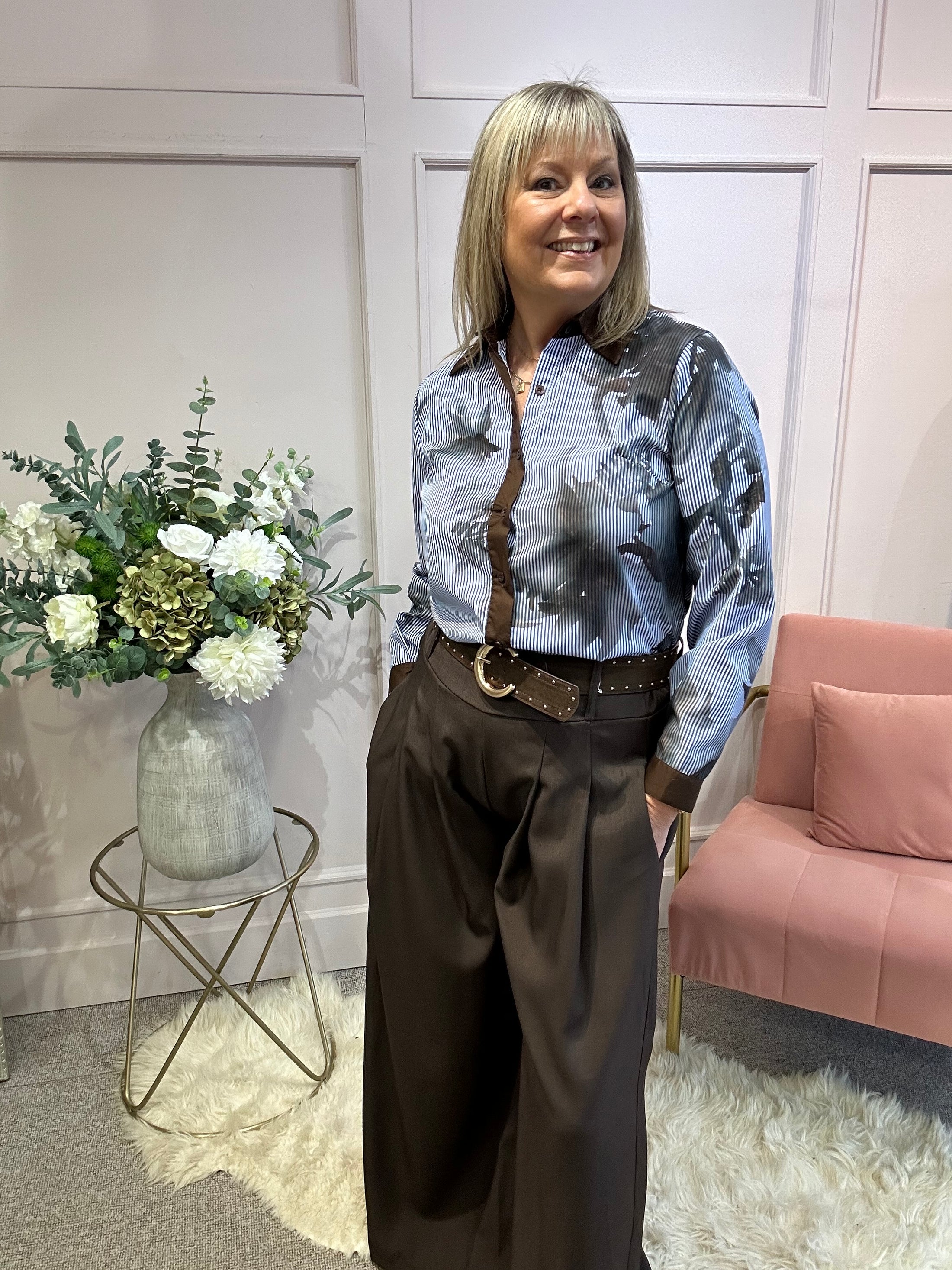 Brown Collared Striped  Shirt - Blue/White