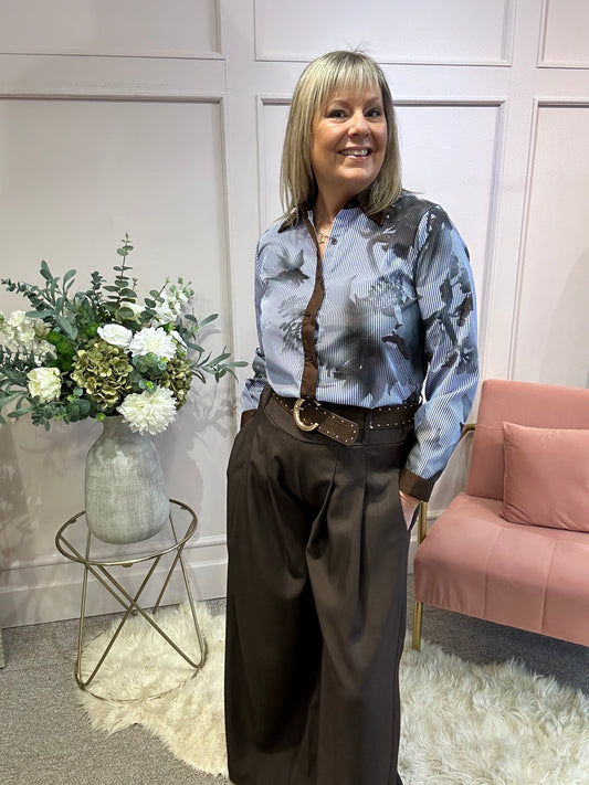 Brown Collared Striped  Shirt - Blue/White