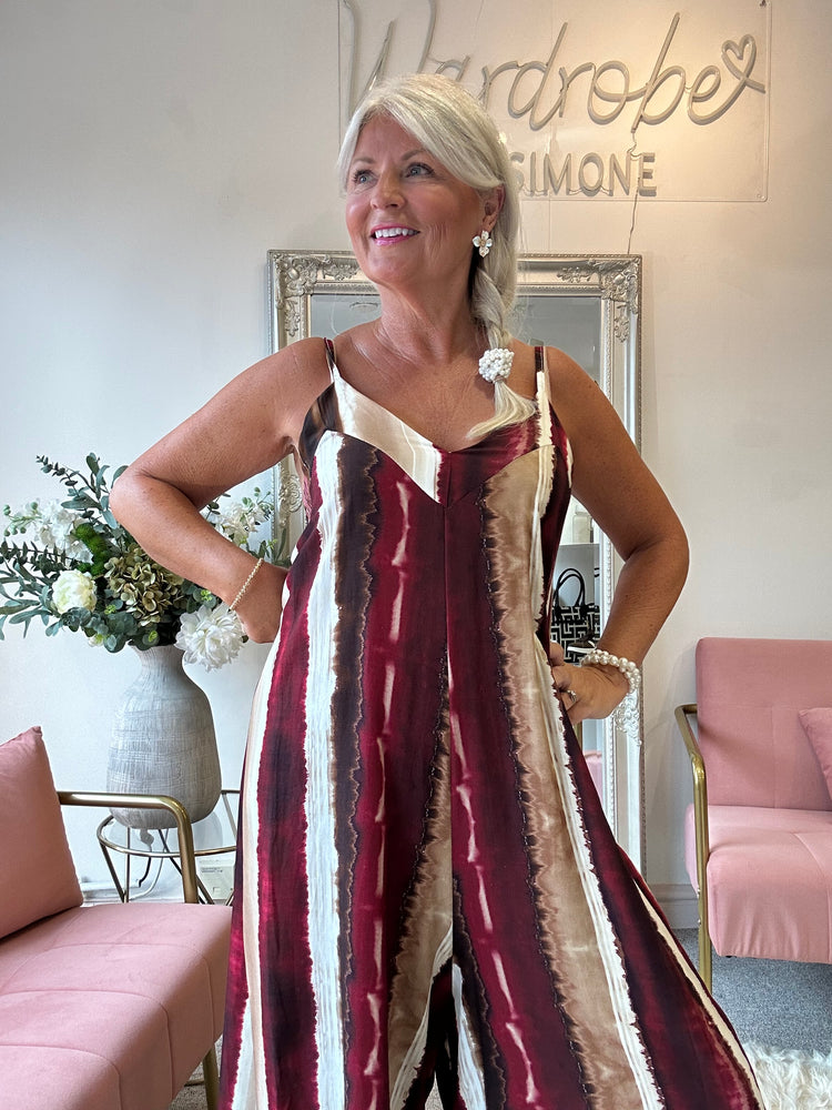 Strappy Jumpsuit - Burgundy/Tan/Cream