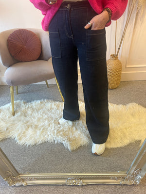 Regular Rise Wide Leg Jeans- Dark Denim - Wardrobe By Simone