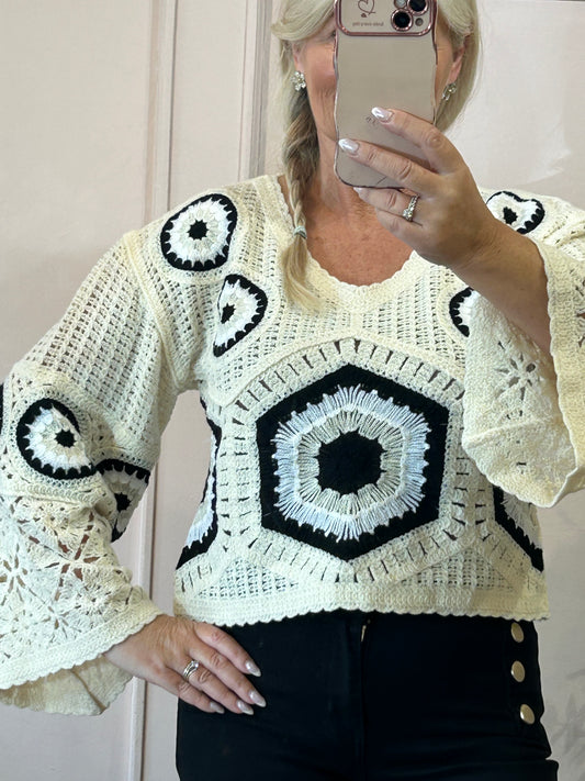 Crochet  V Neck Jumper - Cream/Black - Wardrobe By Simone