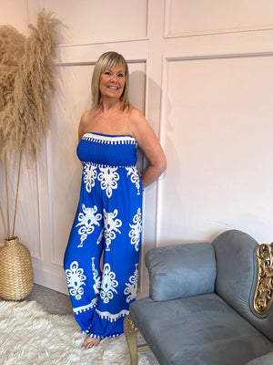 Strapless Damask Jumpsuit - Blue/Cream