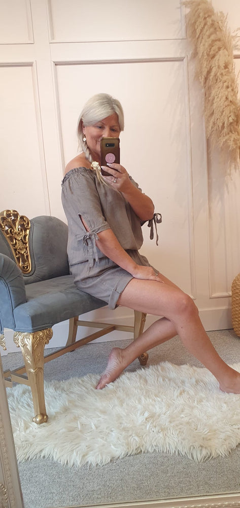 Linen Bardot Top & Shorts Playsuit - Taupe