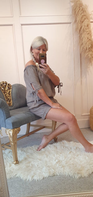 Linen Bardot Top & Shorts Playsuit - Taupe