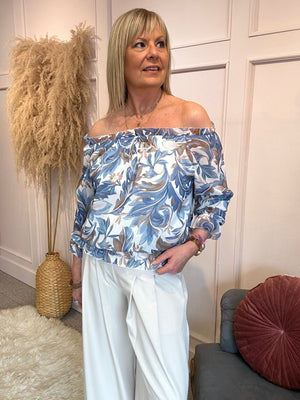 Ruffle Neck Flower Leaf Blouse - Blue/White