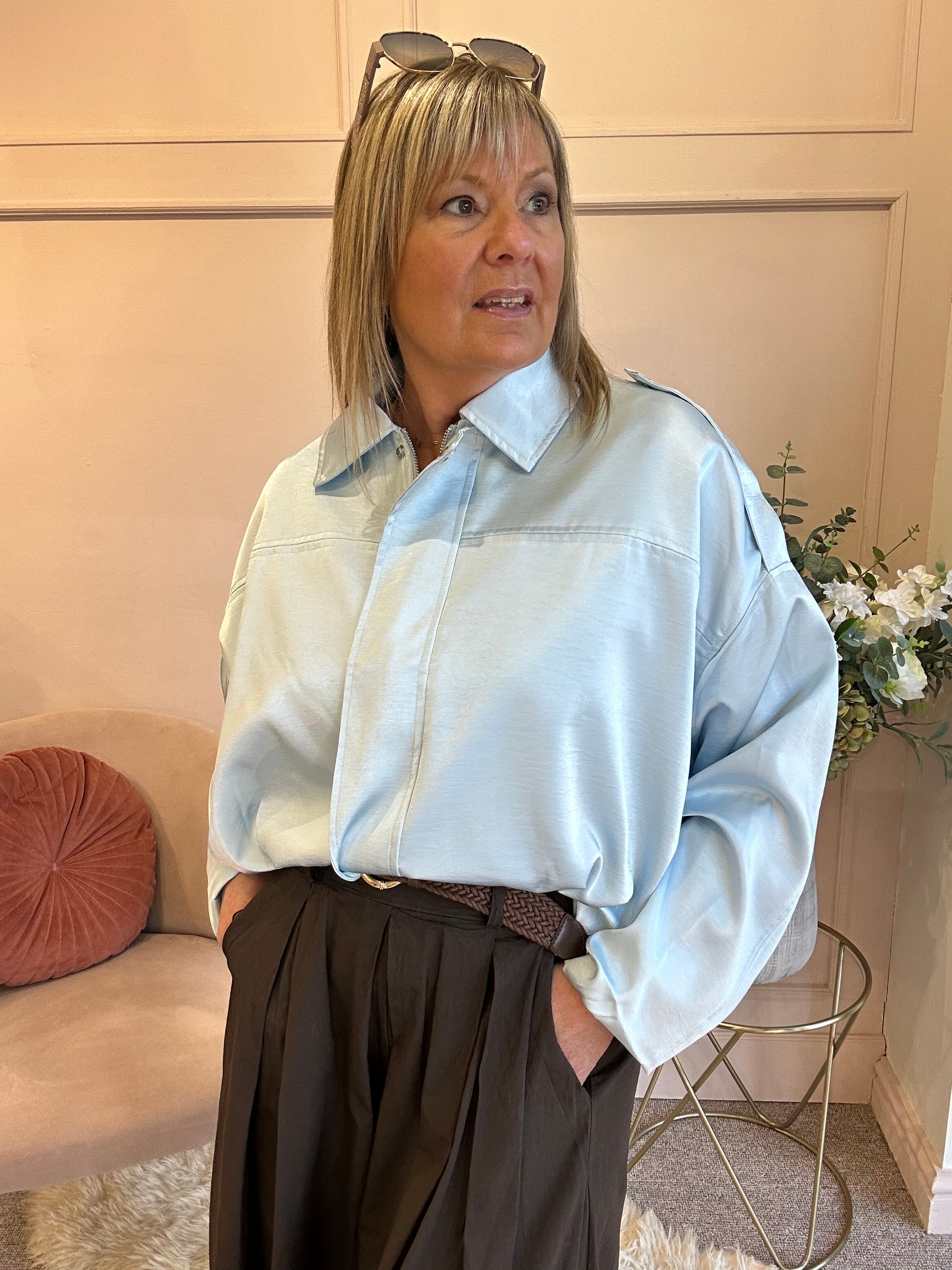 Sheer Shimmer Zipped Top - Aqua Soft Blue - Wardrobe By Simone