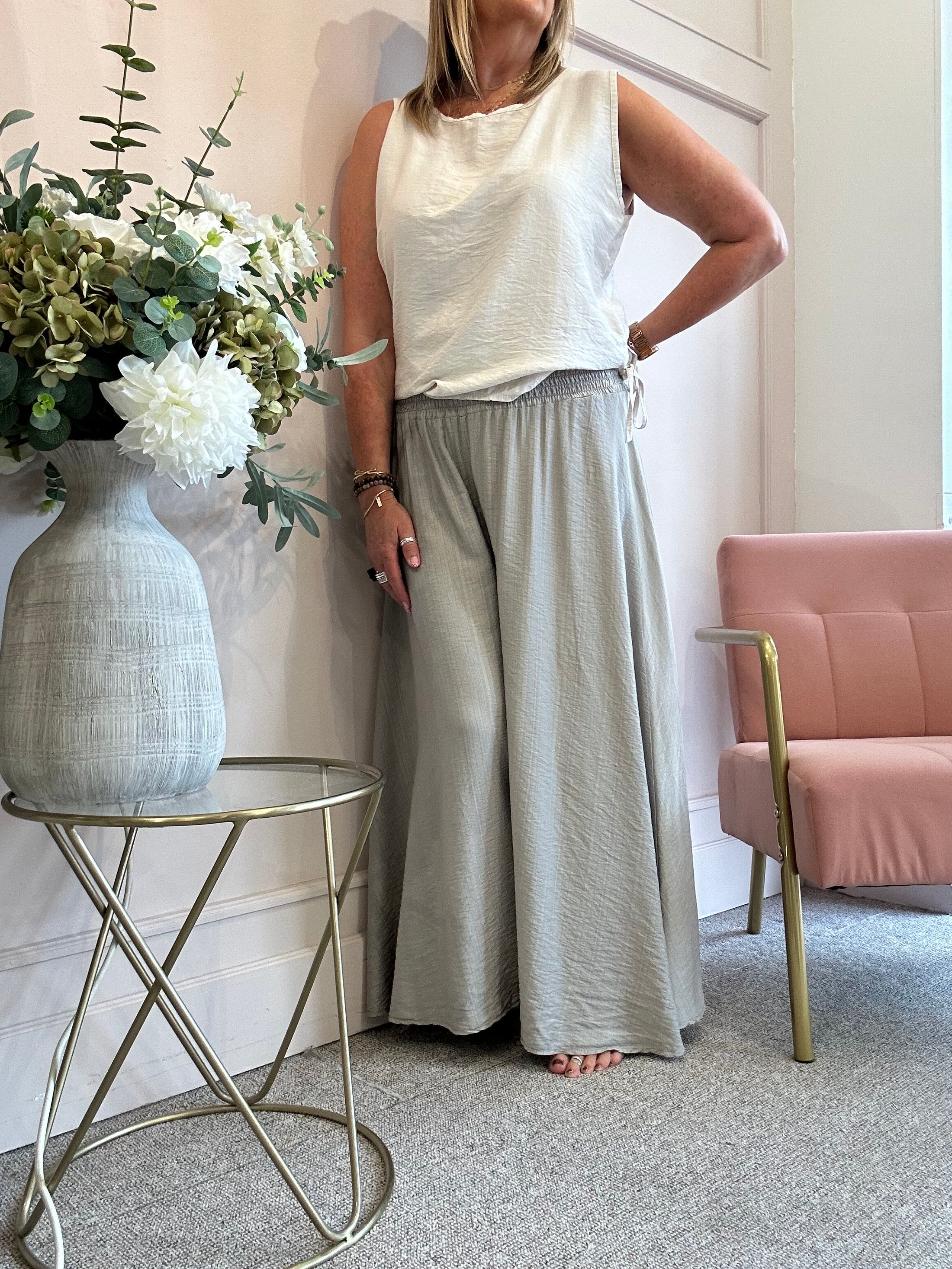 Deep Elasticated Waist Wide Pant - Stone