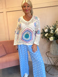 Load image into Gallery viewer, Crochet V Neckline Jumper - Cream/Pink/Blue - Wardrobe By Simone
