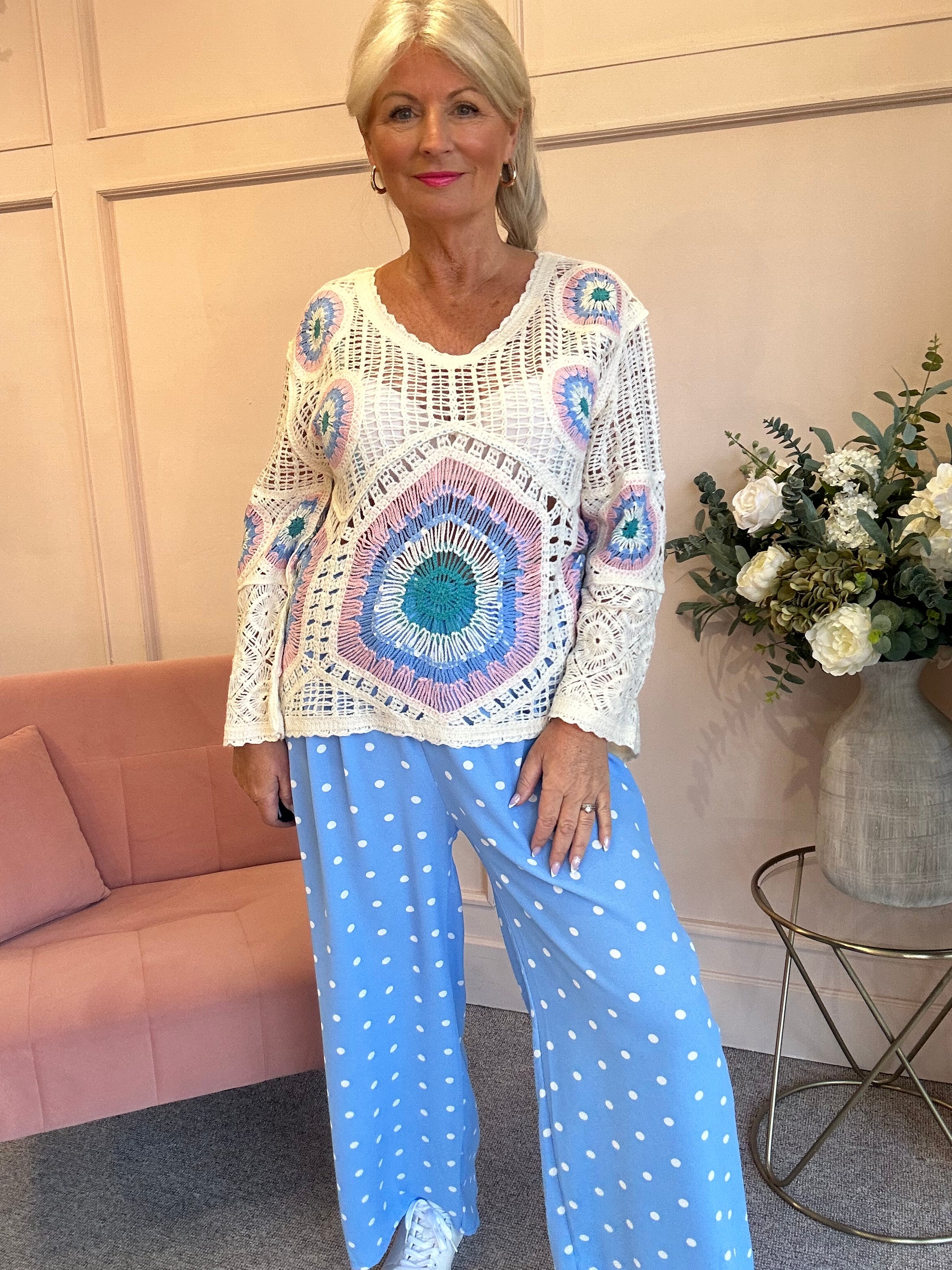Crochet V Neckline Jumper - Cream/Pink/Blue - Wardrobe By Simone