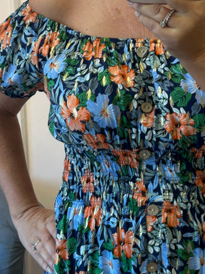 Floral Bloom Midi Dress - Blues/Oranges