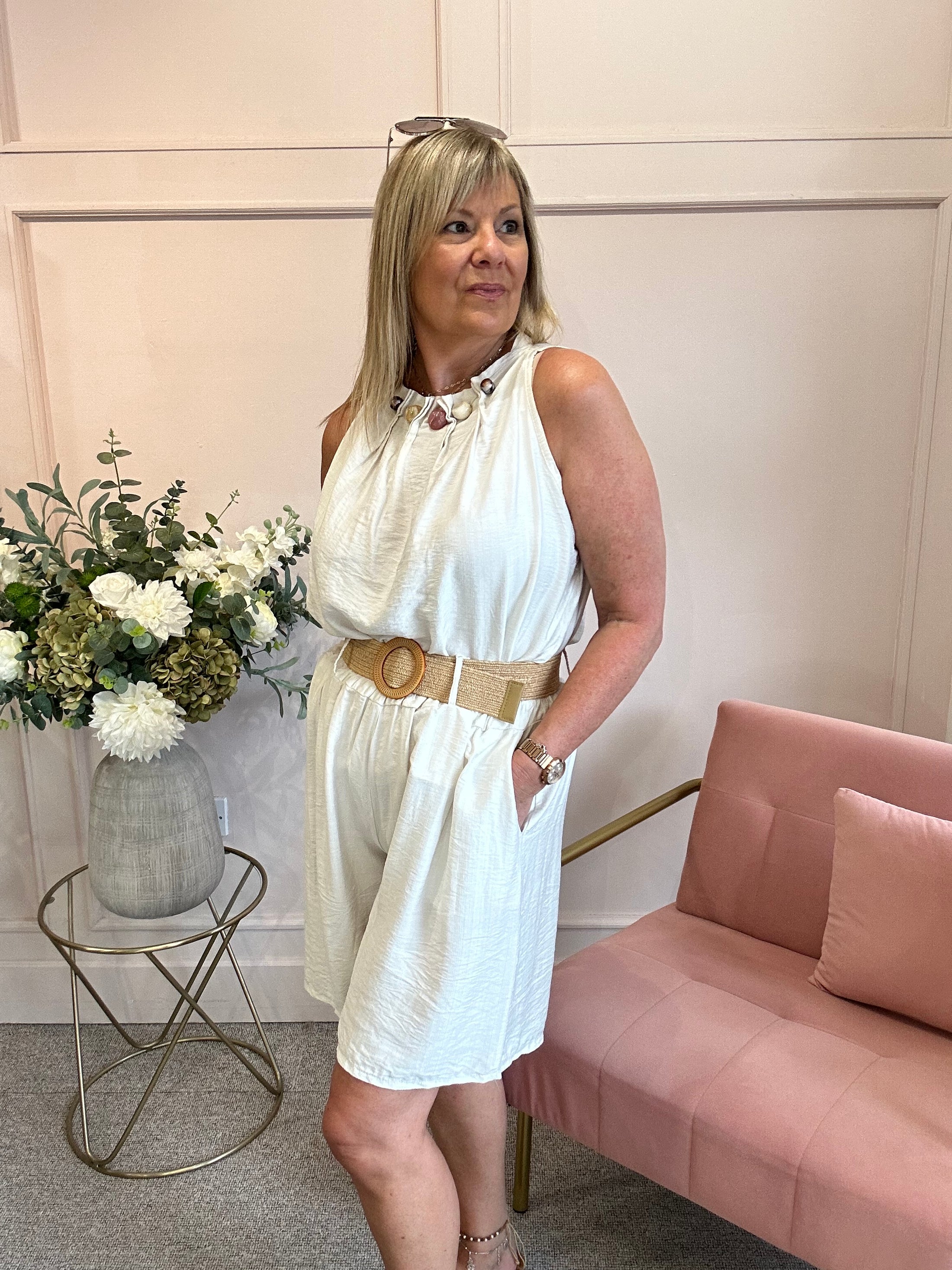 Ruched Neckline Sleeveless Top - Cream