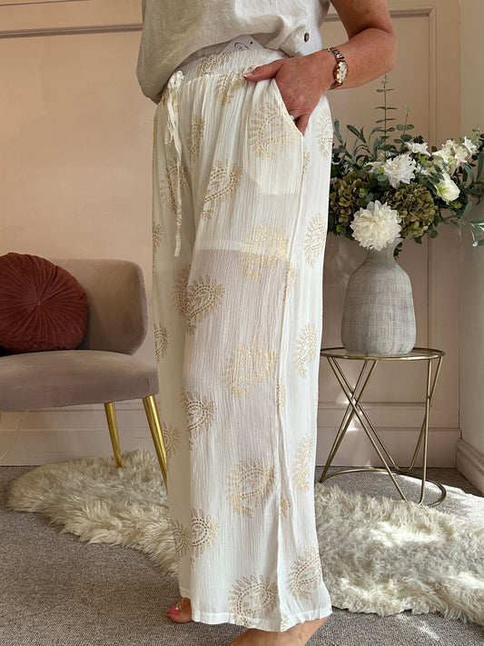 Paisley Gold Embroidery Pant - White/Gold - Wardrobe By Simone