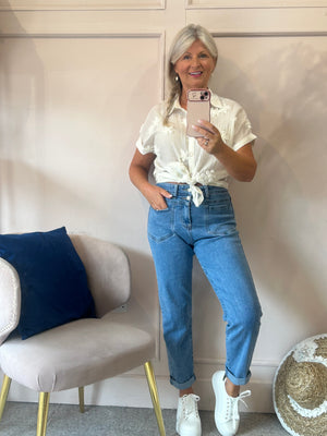 Mom Fit Magic Waist Cuff Jeans - Blue
