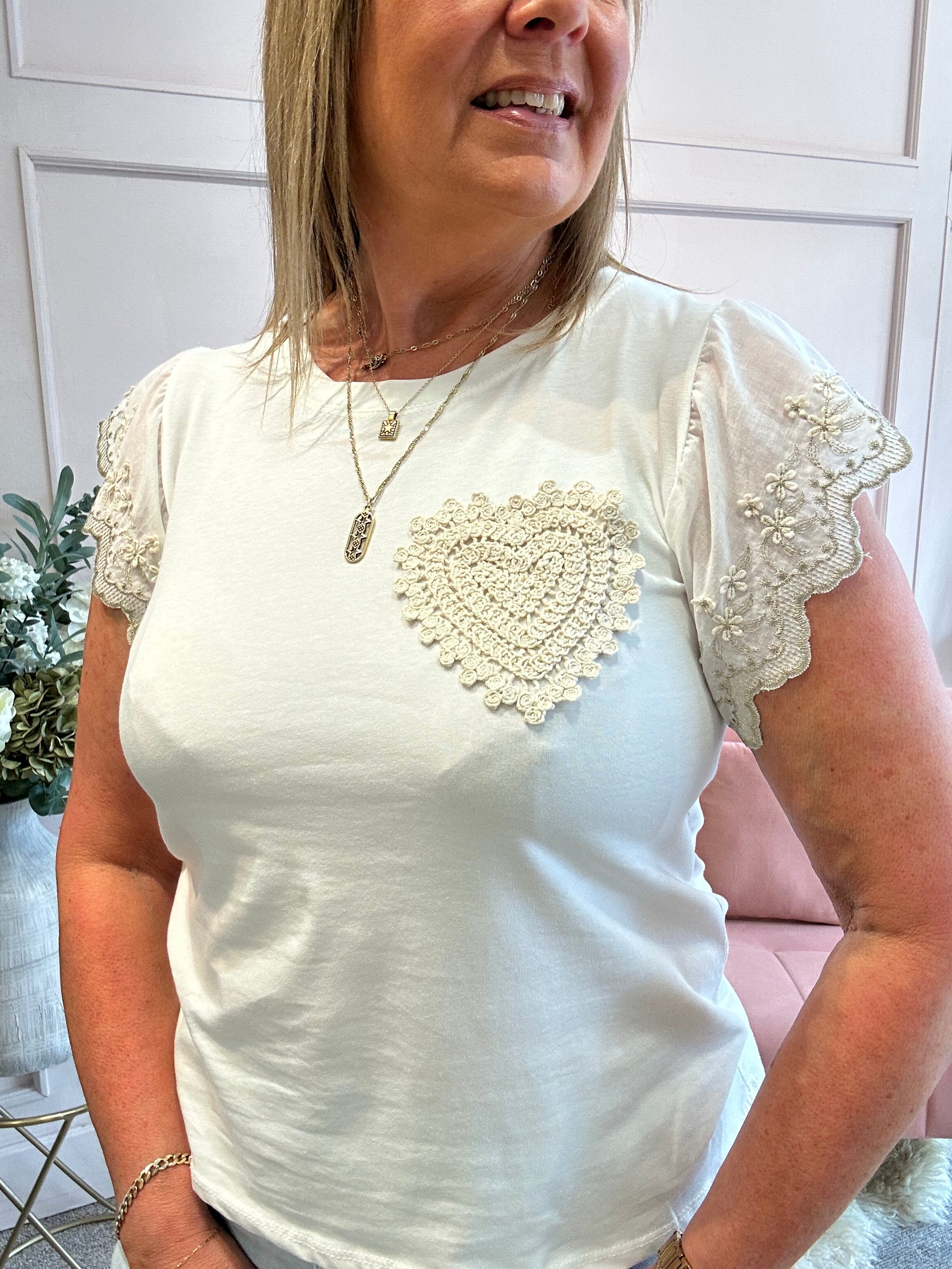 Crochet Heart & Lace T Shirt  - White - Wardrobe By Simone