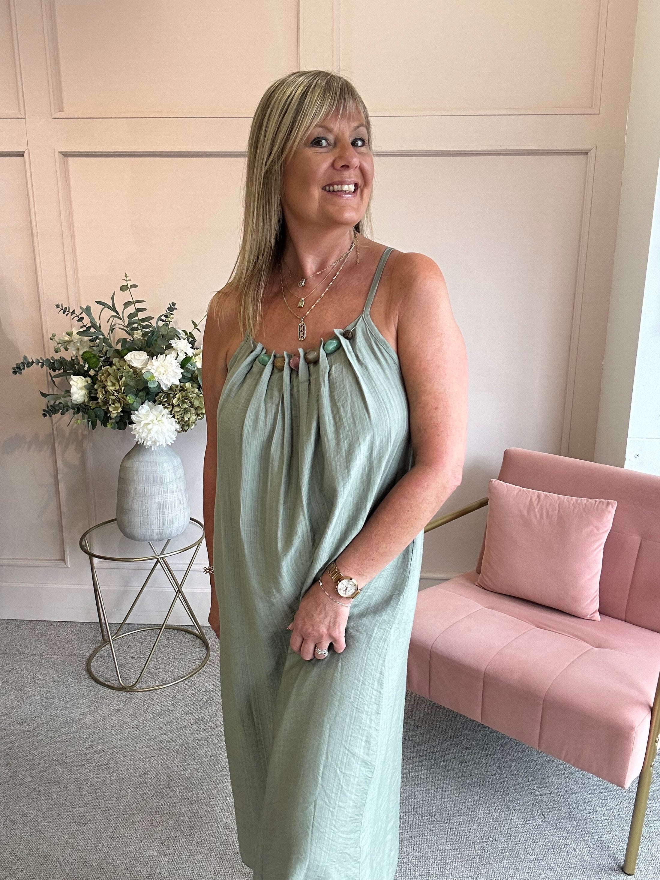 Beaded Strapy Sundress Dress - Sage Green