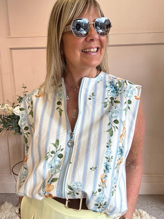 Flower Waistcoat-Cream/Blue One Size
