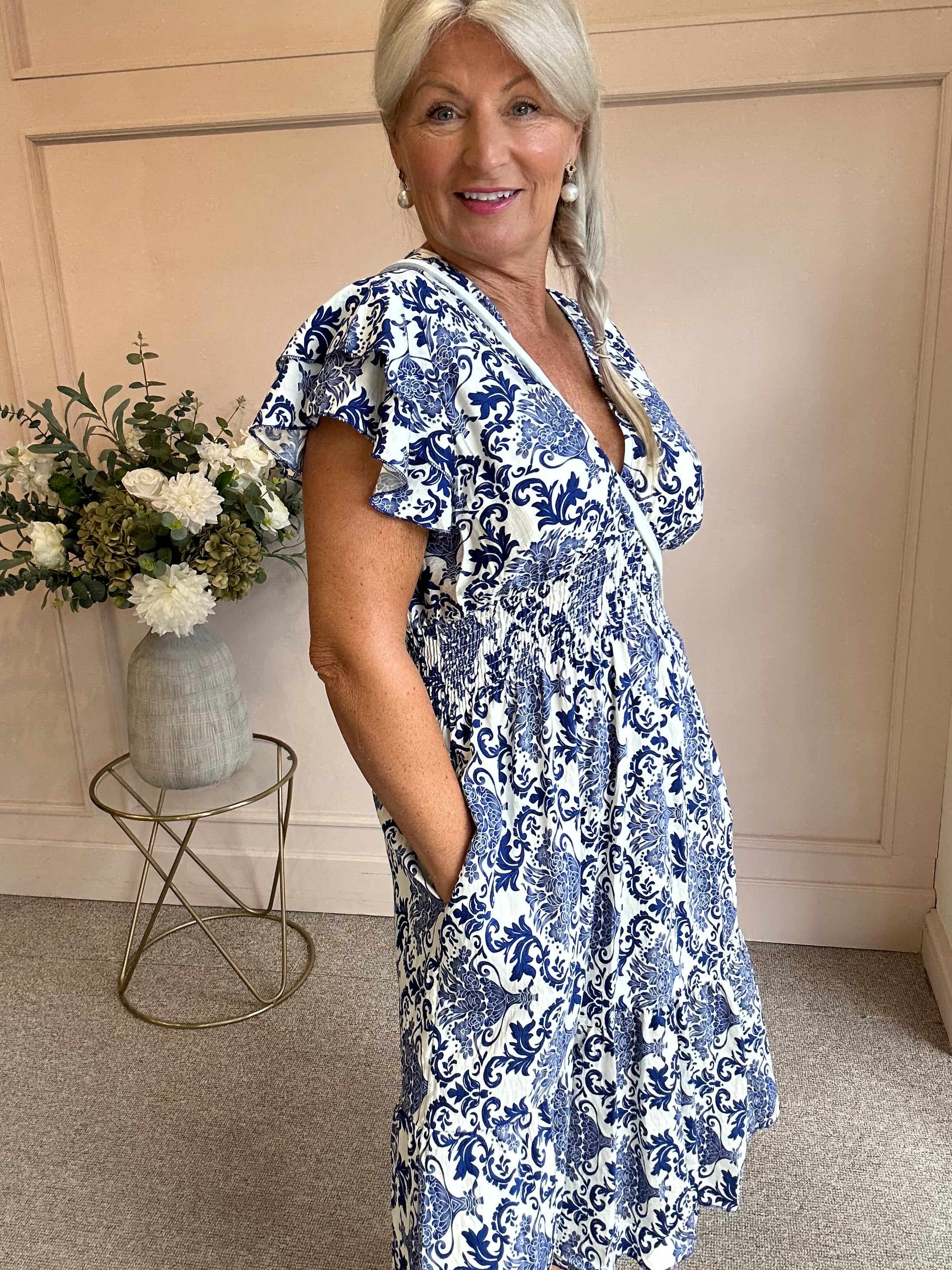 Fleur-De-Lis Midi Dress - Blue/White - Wardrobe By Simone