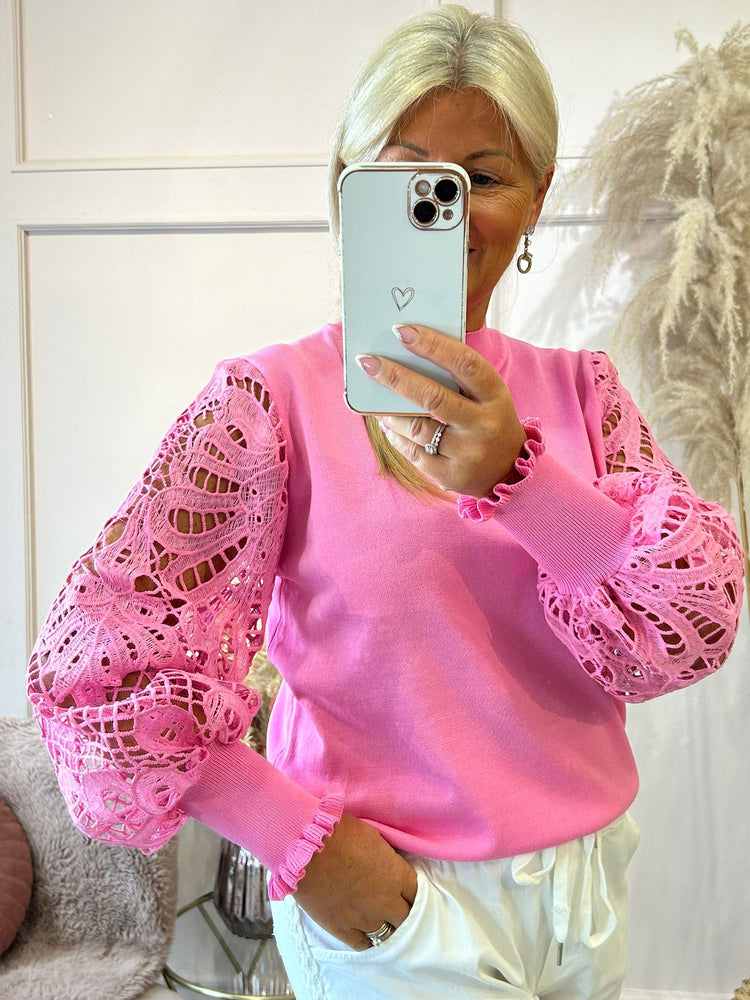 High Neck Applique Sleeved Jumper - Pink - Wardrobe By Simone