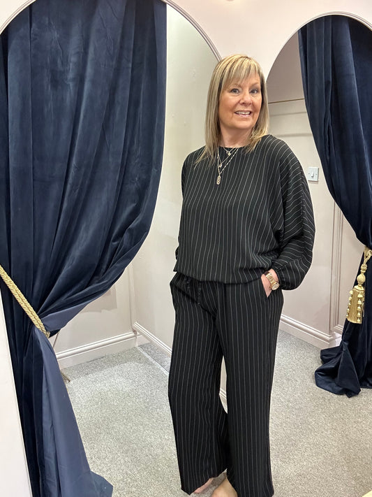 Pinstriped Batwing Top & Pant Set - Black/White - Wardrobe By Simone