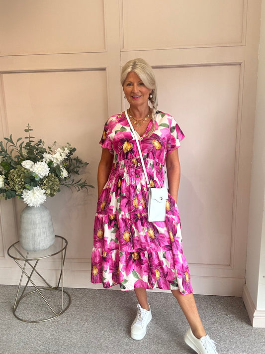 Floral Button Detail Midi dress - Pink/Cream - Wardrobe By Simone