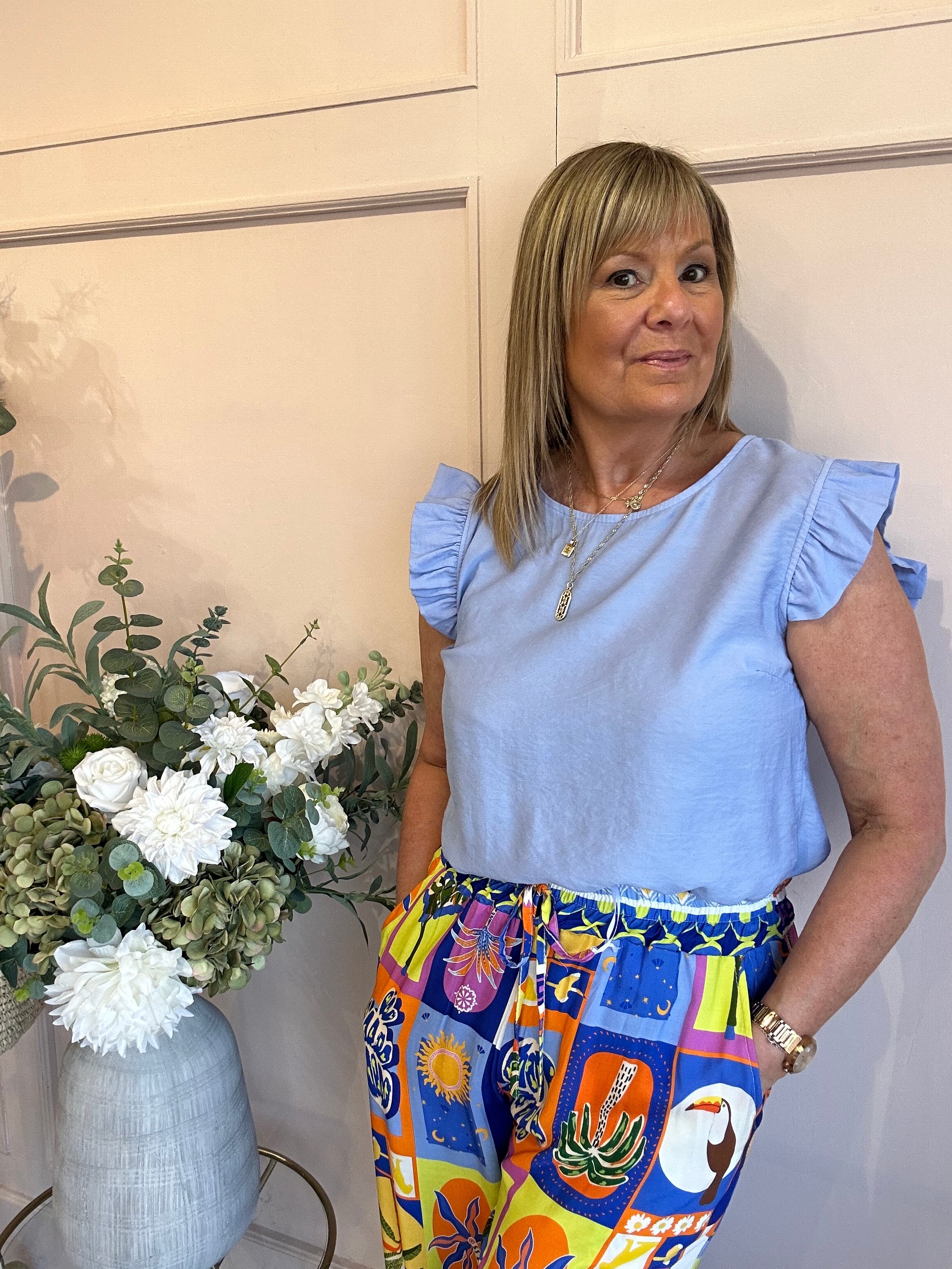 Frill Cap Sleeved Top  - Cornflower Blue - Wardrobe By Simone