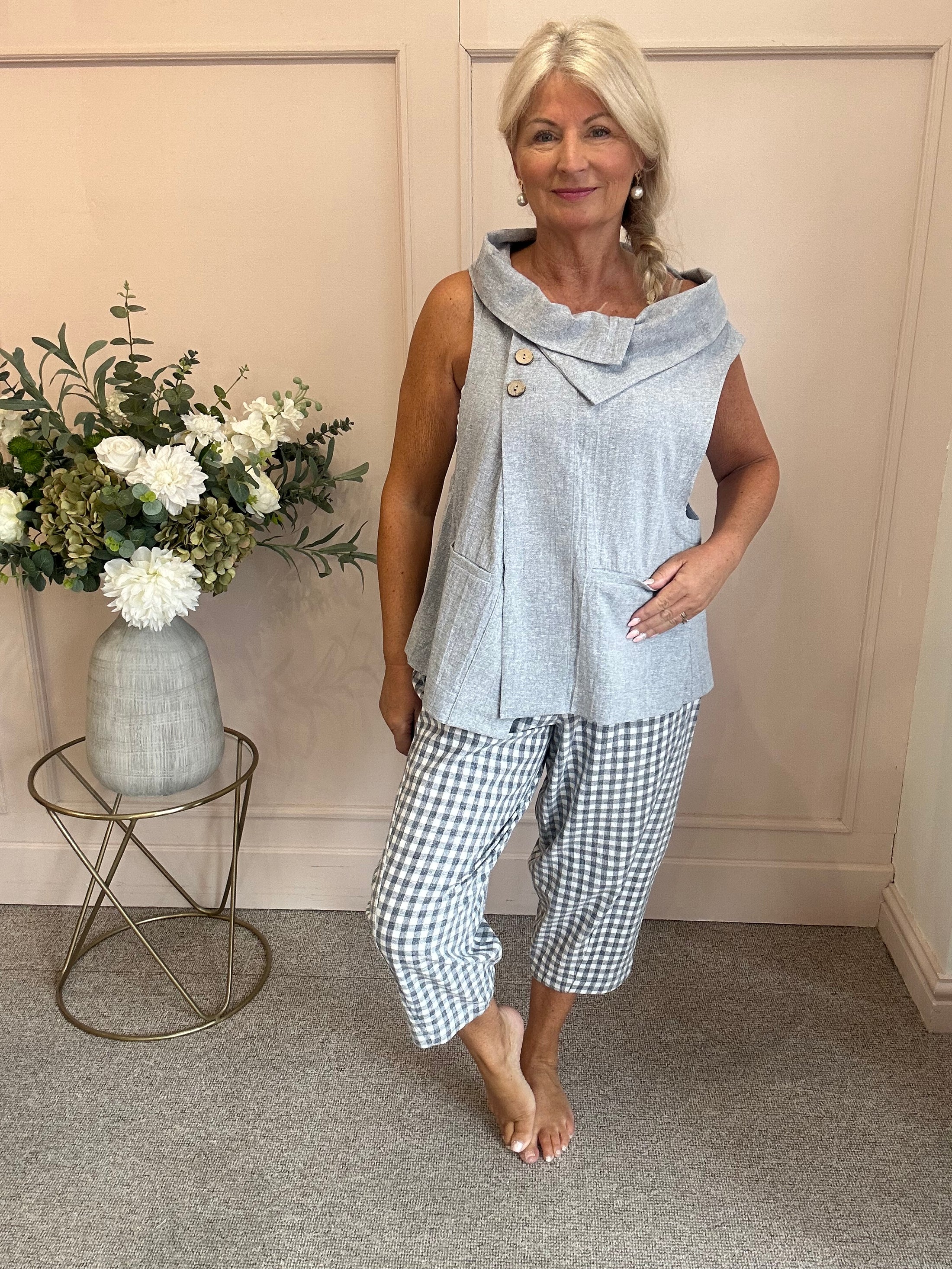 Cowl Neck Waistcoat Style Top - Grey
