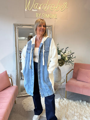 Denim & Knit Hoody Jacket- Cream/Blue Denim