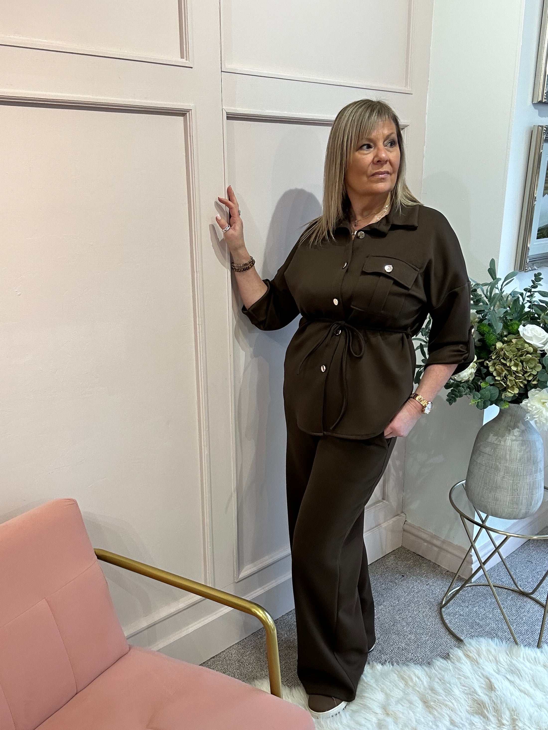 Tunic Shirt Jacket &Trouser Set - Brown