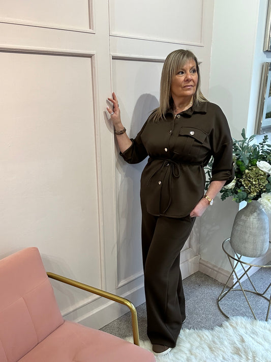 Tunic Shirt Jacket &Trouser Set - Brown