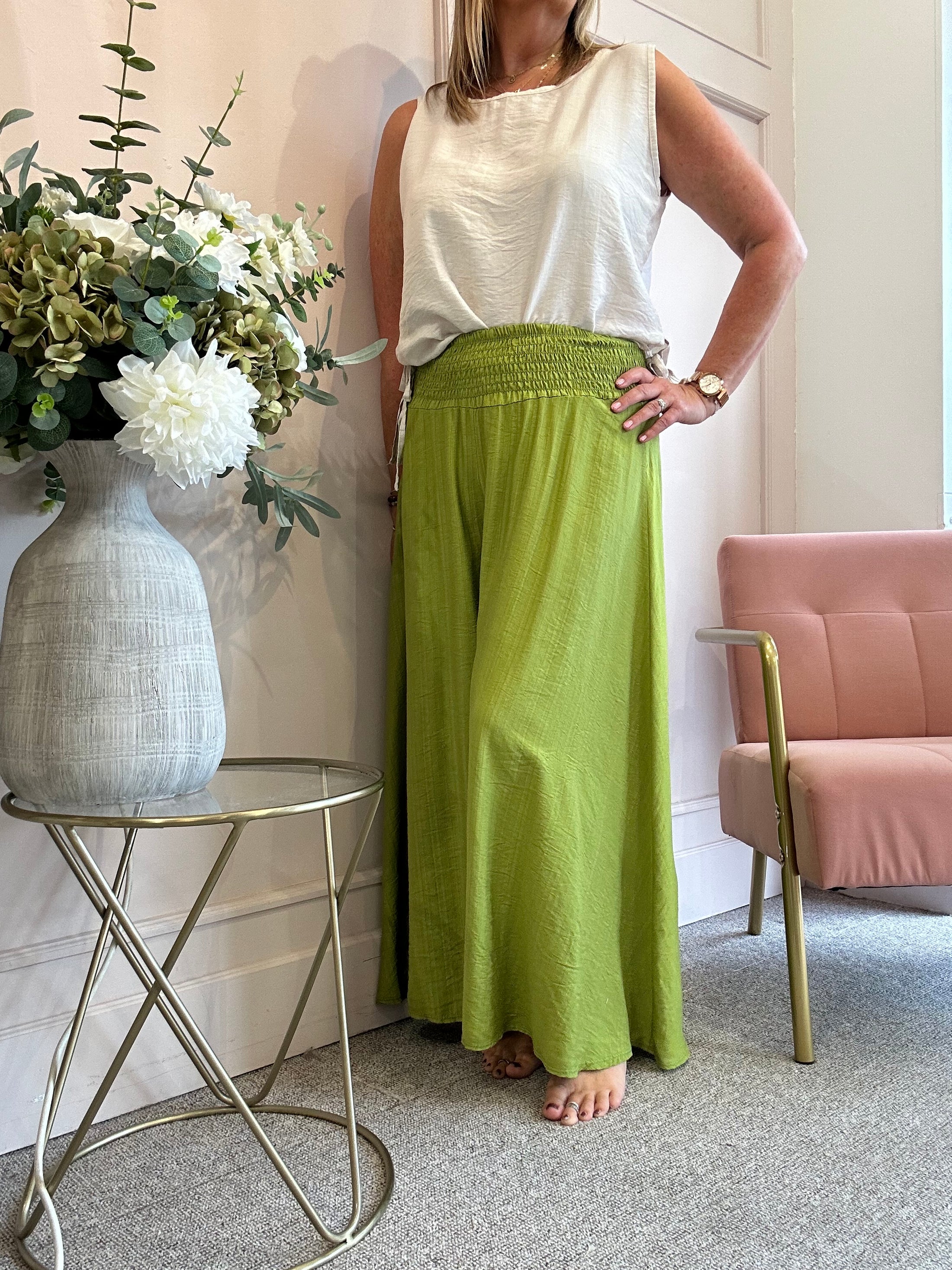 Deep Elasticated Waist Wide Pant - Olive Green