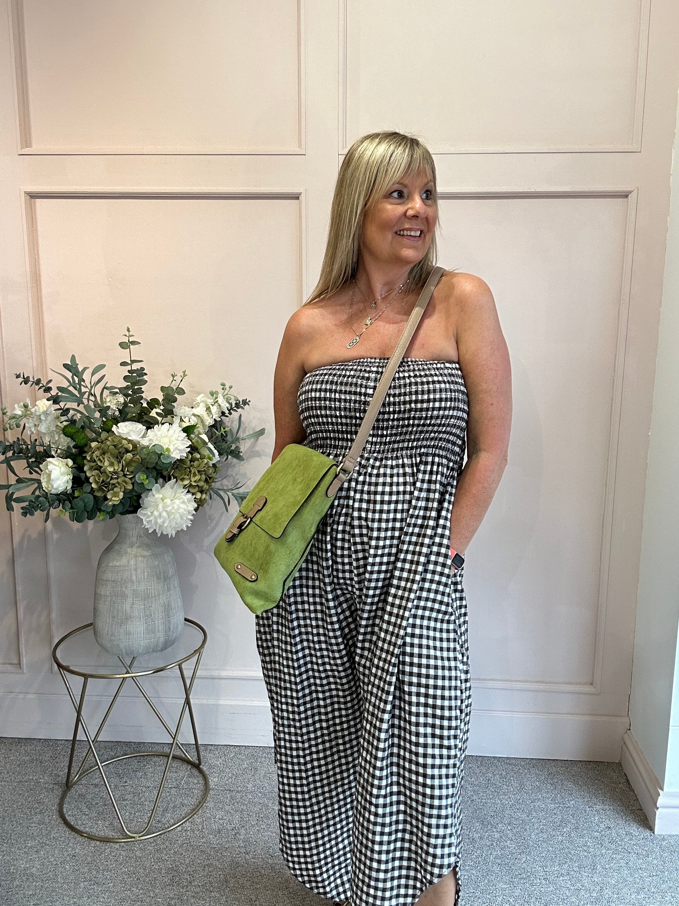 Elasticated Bodice Gingham Jumpsuit - Brown/White One Size