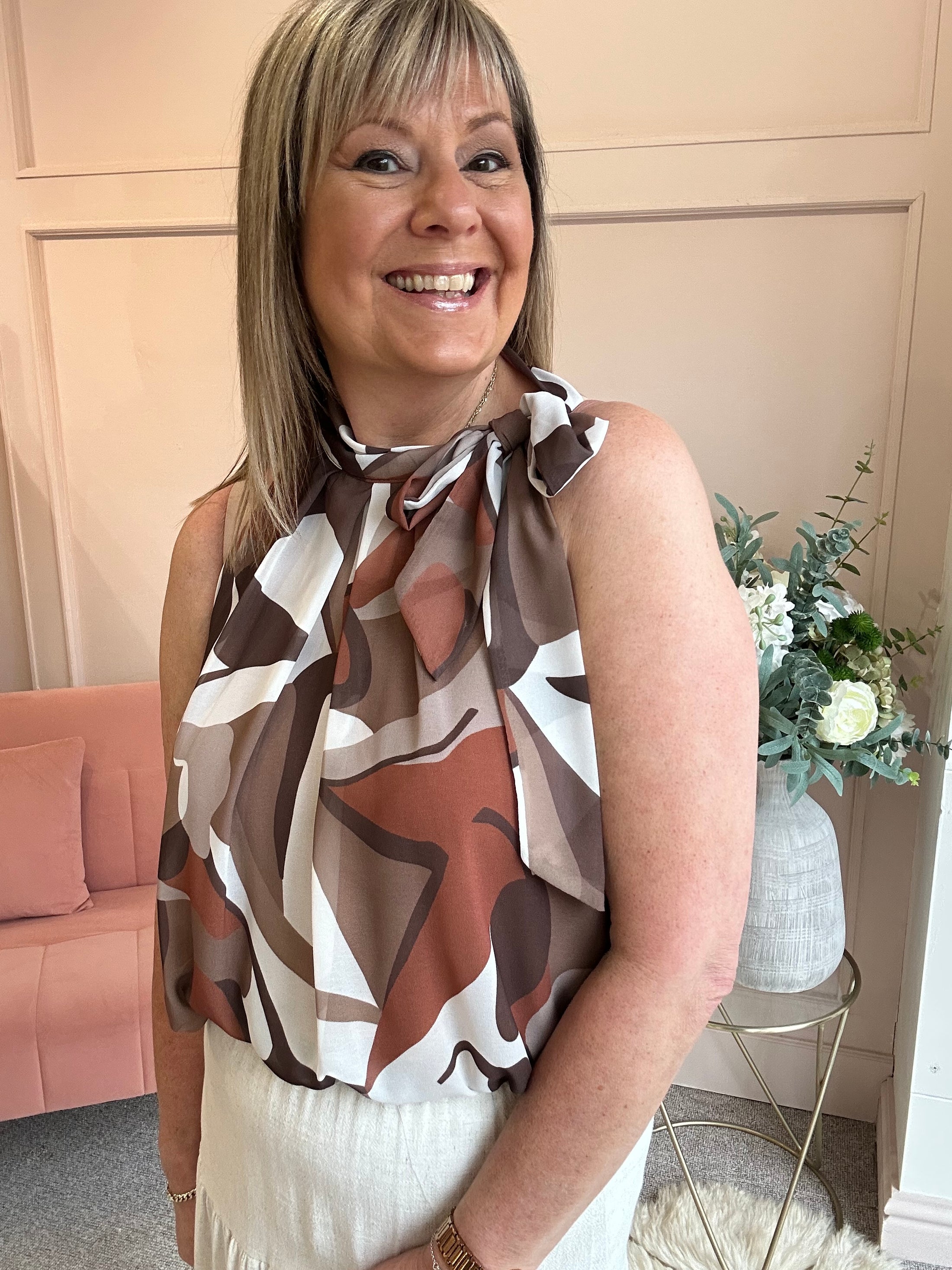 Leaf Print Bow Tie Sleeveless Top - Brown/White - Wardrobe By Simone