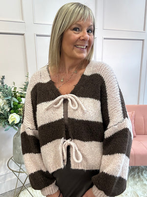 Chunky Striped Knitted Cardigan - Brown/Pink