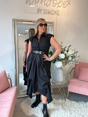 Quirky Belted Ruched Skirt Dress - Black